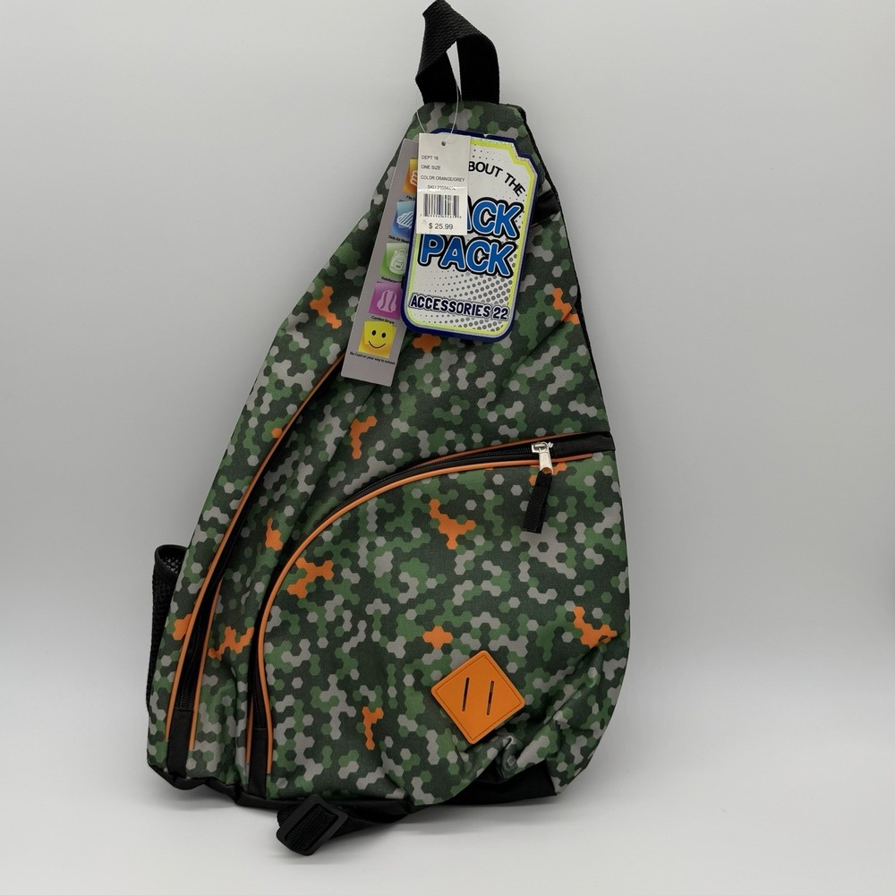 NWT 2016 Mystic Apparel Camo Sling Backpack School Bag Green Orange One Strap
